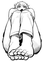  1girl absurdres barefoot bento_girl_(kanke_(kank06020602)) bored crossed_arms feet foot_focus foreshortening frustrated greyscale highres kanke_(kank06020602) looking_up monochrome no_shoes original pants solo teeth thick_eyebrows toenails toes upper_teeth_only white_background wide_hips 