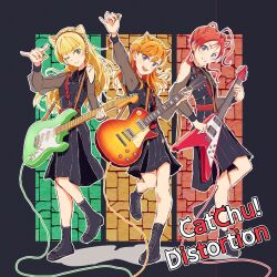  3girls arm_up black_dress black_footwear blonde_hair blue_eyes blunt_bangs boots catchu!_(love_live!) closed_mouth clothing_cutout commentary_request cone_hair_bun distortion_(love_live!) dress electric_guitar full_body green_eyes group_name guitar hair_bun hairband hand_up heanna_sumire highres holding holding_instrument holding_plectrum instrument jungle_zzz knee_boots long_hair long_sleeves looking_at_viewer love_live! love_live!_superstar!! medium_hair multiple_girls one_eye_closed open_mouth orange_hair orange_hairband plectrum purple_eyes red_hair see-through see-through_sleeves shibuya_kanon shoulder_cutout smile song_name standing standing_on_one_leg yoneme_mei 