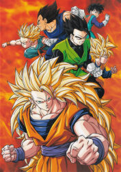  1990s_(style) 1girl 5boys absurdres black_eyes black_hair blonde_hair blue_eyes brothers child clenched_hand clenched_hands clenched_teeth closed_mouth dougi dragon_ball dragonball_z father_and_son gloves gradient_background great_saiyaman great_saiyaman_2 grin highres long_hair long_sleeves looking_at_viewer multiple_boys muscular muscular_male no_eyebrows non-web_source official_art pectoral_cleavage pectorals retro_artstyle saiyan scan serious short_hair siblings single_bang sleeveless smile son_gohan son_goku son_goten spiked_hair super_saiyan super_saiyan_1 super_saiyan_3 teeth trunks_(dragon_ball) vegeta very_long_hair videl white_gloves 