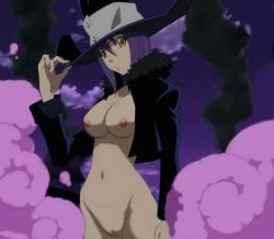  black_jacket blair_(soul_eater) breasts cleft_of_venus curvy exhibitionism hat jacket nipples nude nude_filter outdoors public_indecency purple_hair pussy screencap short_hair smoke solo soul_eater third-party_edit witch_hat yellow_eyes  rating:Explicit score:65 user:ecchi_taster