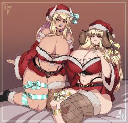  2girls anila_(granblue_fantasy) blonde_hair breasts brown_eyes captain_kirb christmas granblue_fantasy hat horns huge_breasts kumbhira_(granblue_fantasy) long_hair looking_at_viewer multiple_girls open_mouth pointy_ears santa_hat sitting smile thighhighs 