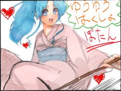  1girl blue_eyes blue_hair blush botan_(yu_yu_hakusho) female_focus happy japanese_clothes kimono matching_hair/eyes open_mouth ponytail riding solo white_background yuu_yuu_hakusho yuzuki54 