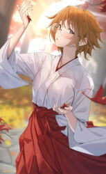  1girl breasts brown_eyes glasses holding holding_leaf japanese_clothes kimono leaf looking_at_viewer medium_breasts messy_hair multicolored_clothes multicolored_kimono open_mouth orange_hair pallad rimless_eyewear round_eyewear short_hair solo to_heart_(series) to_heart_2 yamada_michiru 
