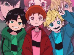  3boys black_hair blonde_hair boomer_(ppg) brick_(ppg) butch_(ppg) cartoon_network child commentary_request facing_viewer green_eyes gurin._(desuna) highres jacket long_sleeves looking_at_viewer male_focus multiple_boys open_mouth powerpuff_girls red_eyes rowdyruff_boys short_hair smile teeth v  rating:General score:11 user:danbooru