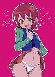  1girl absurdres blue_shirt blue_vest blush brown_eyes buzzlyears clothes_lift finger_to_mouth highres lifted_by_self mayl_sakurai_(mega_man) medium_hair mega_man_(series) mega_man_battle_network_(series) navel nervous_sweating open_mouth paid_reward_available panties pink_background pink_skirt red_hair shirt simple_background skirt skirt_lift solo sweat underwear vest white_panties 
