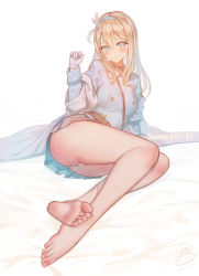1girl arm_up ass bad_id bad_pixiv_id bare_legs barefoot bed bed_sheet blue_eyes blue_hairband blue_jacket blush breasts character_name feet foreshortening full_body girls&#039;_frontline hair_between_eyes hair_bun hair_ornament hairband jacket lips looking_at_viewer lying medium_breasts on_side one_side_up panties shiny_clothes shiny_skin side_bun sidelocks simple_background single_side_bun skirt smile snowflake_hair_ornament soles solo striped_clothes striped_skirt suerte suomi_(girls&#039;_frontline) thighs toes underwear vertical-striped_clothes vertical-striped_skirt white_panties rating:Sensitive score:76 user:danbooru