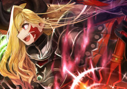  1girl :d absurdres armor armored_bodysuit black_armor black_bodysuit black_gloves black_horns blonde_hair bodysuit chalos dragon_horns facial_mark fangs fate/grand_order fate_(series) gloves hair_over_one_eye highres horns long_hair long_horns nero_claudius_(fate) nero_claudius_(fate)_(all) open_mouth pointy_ears queen_draco_(fate) queen_draco_(third_ascension)_(fate) red_eyes red_scales shoulder_plates smile solo wavy_hair 
