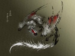  absurdres calligraphy claws deadpool_yuchan digitigrade dragon full_body gradient_background highres monster monster_focus monster_hunter monster_hunter_(series) monster_hunter_x nargacuga open_mouth red_eyes signature silverwind_nargacuga solo spiked_tail tail white_fur wings wyvern 