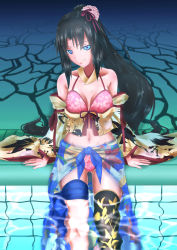  1girl bare_shoulders bikini black_hair breasts fate/grand_order fate_(series) front-tie_bikini_top front-tie_top hair_ornament highres japanese_clothes kara_no_kyoukai kimono leg_strap long_hair midriff multicolored_eyes navel on_floor pink_bikini ponytail pool ryougi_shiki small_breasts sweat swimsuit thighs toned wet wet_clothes wet_hair  rating:Sensitive score:6 user:ShikiFan9365