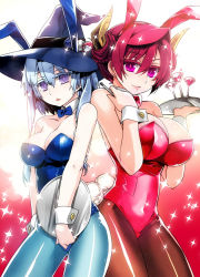  10s 2girls :&lt; alternate_hairstyle animal_ears bare_shoulders blue_hair blue_legwear breasts brown_legwear rabbit_ears rabbit_tail cleavage colored_eyelashes detached_collar fake_animal_ears fishnet_pantyhose fishnets hair_between_eyes hairband hat highres horns huge_breasts ishida_akira large_breasts looking_at_viewer maou_(maoyuu) maoyuu_maou_yuusha multiple_girls official_art onna_mahoutsukai_(maoyuu) open_mouth pantyhose playboy_bunny promotional_art purple_eyes red_hair sparkle tail tray triangle_mouth twintails witch_hat wrist_cuffs 