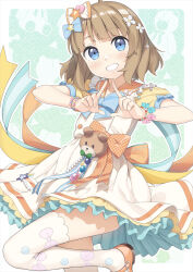  1girl back_bow blue_eyes blush bow bracelet brown_hair commentary_request dress flower hair_bow hair_flower hair_ornament highres idol_clothes idolmaster idolmaster_million_live! idolmaster_million_live!_theater_days jewelry short_hair short_sleeves smile solo suou_momoko thighhighs tsubure_manjuu white_thighhighs  rating:General score:2 user:danbooru