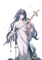  1girl absurdres alternate_costume arknights astesia_(arknights) blue_eyes blue_hair breasts cleavage commentary dress earrings english_commentary feather_hair feet_out_of_frame highres holding holding_sword holding_weapon jewelry looking_to_the_side medium_breasts parted_lips shawl simple_background sleeveless sleeveless_dress solo sword weapon white_background white_dress zhuang_yao 