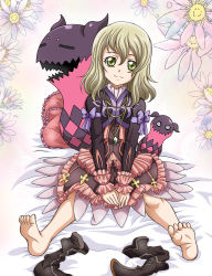 1girl barefoot boots brown_hair dress elize_lutus feet frills gradient_background green_eyes jewelry necklace no_shoes pillow short_hair smile socks soles tales_of_(series) tales_of_xillia teepo_(tales) toes rating:Sensitive score:5 user:wereAR