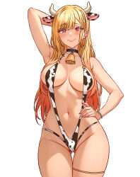  1girl absurdres animal_ears animal_print arm_behind_head armpits bead_bracelet beads bell black_choker blonde_hair blush bracelet breasts cetta_(cettadvd) choker commentary cow_ears cow_horns cow_print cowbell ear_piercing earrings english_commentary fake_animal_ears fake_horns furrowed_brow gluteal_fold hair_between_eyes hand_on_own_hip highres horns jewelry kitagawa_marin large_breasts long_hair looking_at_viewer nail_polish navel o-ring piercing pink_nails print_swimsuit red_eyes sideboob slingshot_swimsuit smile solo sono_bisque_doll_wa_koi_wo_suru swimsuit thigh_gap thighlet thighs white_background 