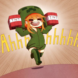  1girl :d =_= absurdres at2. beheaded_kamikaze blonde_hair blush_stickers chibi closed_eyes creeparka creeper cupa_(at2.) emphasis_lines explosive female_focus full_body gloves green_thighhighs hair_between_eyes highres holding hood hoodie long_sleeves minecraft open_mouth parody personification running serious_sam shadow short_hair sidelocks smile solo thighhighs tnt tnt_block_(minecraft) tongue 