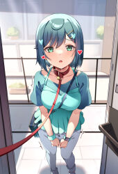 1girl aqua_eyes bag blue_shirt blush collar commentary delicious_party_precure earrings fuwa_kokone hair_ornament hairclip heart heart_hair_ornament highres jewelry leash open_mouth pants precure rumo saliva shirt shirt_under_shirt short_hair shoulder_bag solo symbol-only_commentary trembling viewer_holding_leash white_pants wristband rating:Sensitive score:27 user:danbooru