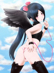  1boy angel_wings ass black_hair black_thighhighs black_wings bow bulge chain cloud cloudy_sky crop_top crossdressing cuffs eyes_visible_through_hair hair_bow hand_on_ass idiotidiot looking_back male_focus nail_polish original panties parted_lips pink_eyes pink_panties ponytail shota sky solo thighhighs trap underwear wings 