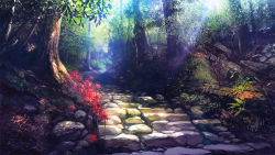bad_id bad_pixiv_id cobblestone flower forest gin_no_fude nature no_humans original scenery spider_lily stairs sunlight takei tree rating:General score:10 user:danbooru
