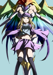  00s absurdres ancientirismon blonde_hair blue_eyes breasts cleavage digimon digimon_frontier dual_persona hat helmet highres long_hair looking_at_viewer mask midriff multicolored_hair navel orimoto_izumi pink_skirt shirt skirt striped_clothes striped_shirt thighhighs  rating:Sensitive score:29 user:dutchesrain