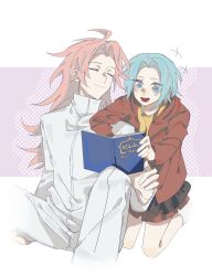 1boy 1girl absurdres ahoge blue_eyes blue_hair book chinese_commentary closed_eyes closed_mouth commentary_request enomoto_noa hatsutori_hajime highres holding holding_book jacket layered_skirt light_blue_hair long_hair long_sleeves open_clothes open_jacket open_mouth pants parted_bangs pink_hair red_jacket red_skirt saibou_shinkyoku shirt short_hair sitting skirt smile white_pants white_shirt xinjinjumin4607567 yellow_shirt 