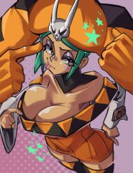  1girl absurdres breasts cerebella_(skullgirls) cleavage cleavage_reach clothes_pull cowboy_shot dark-skinned_female dark_skin eyeshadow green_hair grey_eyes hand_on_own_hip hat highres large_breasts makeup moxydraws pink_background shirt_pull skirt skullgirls smile solo star_(symbol) thighhighs tongue tongue_out vice-versa_(skullgirls) 