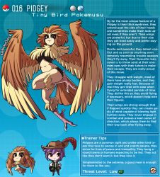 1boy 1girl artist_name bird_legs brown_eyes brown_feathers brown_hair creatures_(company) english_text feathered_wings feathers furry game_freak gen_1_pokemon harpy highres kinkymation monster_girl nintendo pidgey poke_ball pokemon pokemon_(creature) purple_hair tail talons thighs winged_arms wings rating:Sensitive score:49 user:danbooru