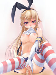 10s 1boy 1girl 45_(diagonal45angle) alternate_breast_size anchor bad_id bad_pixiv_id bar_censor black_eyes blonde_hair blush breasts censored clothes_lift cum cum_in_pussy elbow_gloves girl_on_top gloves hair_ribbon hairband hetero highres kantai_collection large_breasts long_hair looking_at_viewer miniskirt mouth_hold navel nipples no_bra no_panties penis pleated_skirt pov pussy ribbon sex shimakaze_(kancolle) shirt_lift sitting skirt skirt_lift solo_focus striped_clothes striped_thighhighs thighhighs vaginal rating:Explicit score:84 user:danbooru