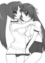 00s 2girls :3 assisted_exposure blush bow breasts buruma buruma_pull cameltoe clothes_lift clothes_pull female_focus greyscale gym_uniform half_updo higurashi_no_naku_koro_ni incest large_breasts lineart long_hair looking_at_viewer medium_breasts midriff monochrome multiple_girls nipples no_bra non-web_source open_mouth ponytail pulling_another&#039;s_clothes ribbon shichimenchou shirt shirt_lift short_sleeves shorts shorts_pull siblings simple_background sisters sleeves_rolled_up sonozaki_mion sonozaki_shion standing t-shirt twincest twins underwear undressing very_long_hair white_background yuri rating:Questionable score:78 user:danbooru