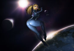 1girl ass bent_over blonde_hair blue_eyes bodysuit breasts earth_(planet) from_behind full_moon highres large_breasts long_hair looking_back metroid moon nintendo open_mouth ponytail saejin_oh samus_aran skin_tight solo space sun zero_suit rating:Questionable score:151 user:danbooru