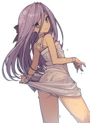  1girl ass black_ribbon choker clothes_lift commentary cowboy_shot dress dress_lift everyntrge flat_chest from_behind hair_between_eyes hair_ribbon highres lifted_by_self long_hair looking_at_viewer looking_to_the_side median_furrow original panties purple_eyes purple_hair ribbon see-through simple_background smile solo underwear wet white_background white_choker white_dress white_panties 