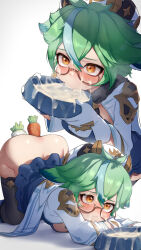  1girl anal anal_object_insertion animal_ears ass blush breasts cape carrot cat_ears cum cum_in_container cum_on_hair cumdrip dog_bowl embarrassed facial food food_in_ass food_insertion genshin_impact gloves gokkun green_hair hat highres kashu_(hizake) looking_to_the_side medium_breasts multicolored_hair object_insertion orange_eyes semi-rimless_eyewear sucrose_(genshin_impact) top-down_bottom-up turnip two-tone_hair vaginal vaginal_object_insertion white_gloves  rating:Explicit score:446 user:ASadMonkie