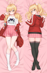  1girl bed_sheet black_thighhighs blonde_hair blue_archive blush breasts closed_mouth collarbone dakimakura_(medium) hair_between_eyes halo highres jacket jpeg_artifacts kneepits kurisu-kun long_hair long_sleeves low_twintails lying multiple_views official_alternate_costume on_back on_stomach open_clothes open_jacket parted_lips pink_skirt pleated_skirt red_jacket shirt skirt small_breasts socks thighhighs twintails white_shirt white_socks yellow_eyes yellow_halo yoshimi_(band)_(blue_archive) yoshimi_(blue_archive) 