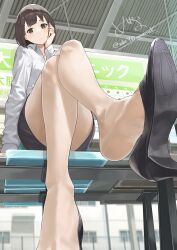  1girl absurdres crossed_legs feet hand_on_own_cheek hand_on_own_face highres light_blush looking_at_viewer mbr90munouk medium_hair office_lady pantyhose shoe_dangle sitting soles train_station 
