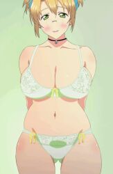  1girl absurdres anime_screenshot bad_id bad_pixiv_id bare_shoulders boku_to_misaki-sensei bra breasts brown_hair choker cleavage closed_mouth collarbone female_focus front-hook_bra glasses green_background green_bra green_eyes green_panties highres huge_breasts jewelry looking_at_viewer misaki-sensei navel panties short_hair smile solo standing stomach takami_akio thick_thighs thighs underwear 