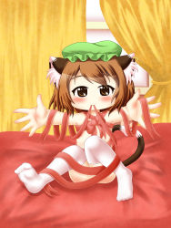 1girl absurdres animal_ears blush bow chen curtains deformed hat highres indoors kurumai loli looking_at_viewer multiple_tails ribbon shiny_skin short_hair solo tail touhou rating:Questionable score:8 user:Domestic_Importer