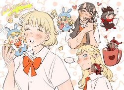  ... 6+girls animal_ears animal_hood bandaid bandaid_on_cheek bandaid_on_face black_hair blonde_hair blue_eyes blush bow braid brown_vest bruise bruise_on_face cat_ears cat_tail cithis closed_mouth collared_shirt cup dungeon_meshi falin_touden falin_touden_(tallman) flute green_eyes hair_bow hat heart holding holding_flute holding_instrument hood injury instrument inutade izutsumi jester_cap long_hair marcille_donato milfcookiesimp mini_person minigirl mug multiple_girls musical_note neck_ribbon necktie oni pattadol pillow playing_flute rabbit_hood red_bow red_necktie ribbon shirt short_hair speech_bubble tail twin_braids vest whiskers white_shirt 
