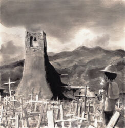 1girl animal backpack bag bell_tower cloud cross day facing_away feet_out_of_frame graveyard greyscale helmet highres holding holding_animal kaban_(kemono_friends) kemono_friends monochrome mountainous_horizon outdoors pantyhose pantyhose_under_shorts payama photo-referenced pith_helmet real_world_location ruins scenery serval shirt short_sleeves shorts solo standing tower wide_shot 
