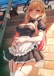 1girl apron black_cat blonde_hair breasts brick_wall cat cleavage garter_straps highres kitagawa_marin large_breasts looking_at_viewer maid maid_apron maid_headdress nail_polish outdoors red_eyes smile solar_(happymonk) sono_bisque_doll_wa_koi_wo_suru thighhighs thighs v white_thighhighs rating:Sensitive score:61 user:danbooru