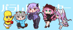  1boy 4girls :3 @_@ absurdres animal_bag animal_ear_headwear animal_ears arms_up backpack bag bald black_bodysuit black_eyes black_footwear black_jacket black_shirt black_skirt blue_hoodie blue_jacket bodysuit boots briefs cabbie_hat cheering chibi clenched_hands colored_inner_hair colored_skin demon_tail fairys_(vtuber) fake_animal_ears frilled_hairband frills grabbing_another&#039;s_tail green_eyes grey_eyes grey_hair gym_shorts hair_ornament hairband hat headphones headphones_around_neck highres holding holding_megaphone hood hoodie horns indie_virtual_youtuber jacket kobachi_k_88 leaf leaf_on_head leaning_forward lineup long_hair long_sleeves male_underwear megaphone mimic_(vtuber) mochi_hiyoko mochipro mode_aim multicolored_clothes multicolored_hair multicolored_jacket multiple_girls neckerchief nervous_smile on_one_knee open_mouth peanuts-kun pink_hair pink_jacket ponpoko_(vtuber) purple_hair purple_jacket raccoon_ears raccoon_girl raccoon_tail red_eyes red_neckerchief shirt short_hair shorts skirt smile split-color_clothes sweat tail tail_grab topless_male track_jacket twintails two-tone_jacket two_side_up underwear underwear_only v-shaped_eyebrows virtual_youtuber walking white_male_underwear wide_sleeves x_hair_ornament yellow_skin 
