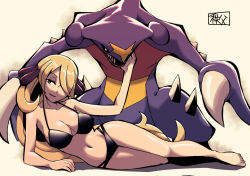  1girl arm_support beige_background bikini black_bikini blonde_hair breasts chichibu_(watson) claws cleavage collarbone creatures_(company) cynthia_(pokemon) dragon full_body game_freak garchomp gen_4_pokemon grey_eyes hair_ornament hair_over_one_eye half-closed_eyes hand_up large_breasts leaning_forward long_hair looking_to_the_side looking_up lying navel nintendo on_side open_mouth pokemon pokemon_(creature) pokemon_dppt sharp_teeth shiny_skin simple_background smile swimsuit teeth text_focus translation_request white_background  rating:Sensitive score:39 user:AngryZapdos