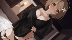  1girl absurdres ahoge aogiri_koukou bed bedroom black_panties black_shirt black_thighhighs blurry blurry_background blush breasts brown_hair cleavage closed_mouth clothes_lift commentary_request dutch_angle flower gold_necklace green_eyes hair_flower hair_ornament highres indoors jewelry kkix25 kurikoma_komaru large_breasts lifting_own_clothes long_sleeves looking_at_viewer necklace nose_blush panties shirt shirt_lift short_hair solo thighhighs underwear white_flower 