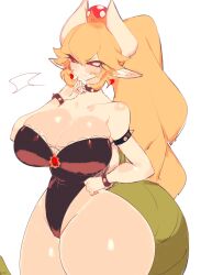  armband bare_arms bare_hips bare_legs bare_shoulders black_armband black_collar black_dress black_wristband blonde_hair blush bowsette breasts cleavage collar dress gluteal_fold green_tail hand_on_own_hip horns huge_breasts long_hair looking_to_the_side mario_(series) nintendo ponytail red_earrings red_eyes shell spiked_armband spiked_collar spiked_wristband spikes super_crown sweatdrop tail thick_thighs thighs usa37107692 white_horns wide_hips wristband 