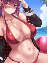 1girl adjusting_clothes adjusting_headwear bikini blue_sky blush breasts closed_mouth cloud cloudy_sky collarbone day earrings fingernails hand_up heterochromia highres hololive houshou_marine houshou_marine_(summer) jacket jewelry long_sleeves looking_at_viewer medium_breasts moisture_(chichi) navel necklace off_shoulder open_clothes open_jacket outdoors shiny_skin sidelocks simple_background sky solo stomach swimsuit virtual_youtuber water water_drop wet rating:Sensitive score:50 user:danbooru