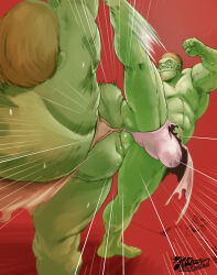  2boys abs ass ass-to-ass attack_trail back bara bulge colored_skin covered_penis emphasis_lines falling foreshortening green_skin highres kaku_(kakuillustrate) kicking large_bulge large_pectorals male_focus mature_male monster_boy multiple_boys muscular muscular_male navel navel_hair nipples orc original pectorals pelvic_curtain pointy_ears short_hair speed_lines standing standing_on_one_leg stomach strongman_waist sweat thick_eyebrows thick_thighs thighs topless_male tusks wrestling 