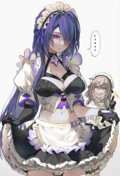  ... 2girls :q acheron_(honkai:_star_rail) adapted_costume alternate_costume apron black_choker black_gloves breasts choker cleavage coat collarbone commentary_request cowboy_shot criss-cross_halter gloves grey_hair hair_between_eyes hair_intakes hair_over_one_eye halterneck holding holding_clothes holding_skirt honkai:_star_rail honkai_(series) large_breasts long_hair looking_at_another looking_down maid maid_apron maid_headdress midriff multiple_girls navel parted_lips purple_eyes purple_hair simple_background skirt spoken_ellipsis stelle_(honkai:_star_rail) syuri22 thumbs_up tongue tongue_out trailblazer_(honkai:_star_rail) unconventional_maid white_background white_coat yellow_eyes 