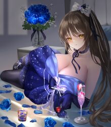  1girl bad_tag bare_shoulders black_pantyhose blue_dress blue_flower blush breasts brown_hair choker cocktail_glass cup diesel_(midnight_strawberry)_(nikke) diesel_(nikke) dress drinking_glass earrings elbow_gloves flower gloves goddess_of_victory:_nikke hair_ribbon hamuhanama jewelry large_breasts long_hair looking_at_viewer lying necklace on_side pantyhose purple_dress purple_gloves ribbon solo yellow_eyes 
