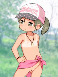  1girl baseball_cap blurry blurry_background cleft_of_venus clothes_writing cowboy_shot day female_focus flat_chest hand_on_own_hip hat jewelry lasto loli looking_away looking_to_the_side navel nipples nude nudist original outdoors pendant ponytail pussy sarong solo tan tanline uncensored wristband zenra  rating:Explicit score:331 user:Domestic_Importer