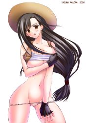  1990s_(style) akazaki_yasuma black_hair blush breasts_squeezed_together breasts clothes_lift cowboy_hat cowboy_western earrings final_fantasy final_fantasy_vii fingerless_gloves gloves hat jewelry large_breasts long_hair navel open_mouth panties ponytail retro_artstyle shirt_lift square_enix third-party_edit tifa_lockhart underboob underwear vest yellow_eyes  rating:Questionable score:19 user:if_by_whiskey