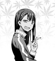  1girl :d commentary drugs earclip earrings english_commentary fang fingernails from_side geewhy greyscale hair_ornament hairclip highres holding ijiranaide_nagatoro-san jacket jewelry joint_(drug) long_hair looking_at_viewer looking_to_the_side marijuana monochrome nagatoro_hayase open_mouth school_uniform smile smoke smoking solo stud_earrings textless_version track_jacket 