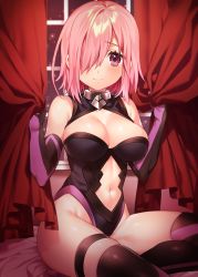  1girl black_gloves black_thighhighs boots breasts cleavage closed_mouth clothing_cutout curtain_grab curtains elbow_gloves fate/grand_order fate_(series) gloves hair_over_one_eye high_heel_boots high_heels ichinose_yukino indoors large_breasts leotard looking_at_viewer mash_kyrielight navel navel_cutout pink_hair purple_eyes sitting smile solo thigh_boots thigh_strap thighhighs 